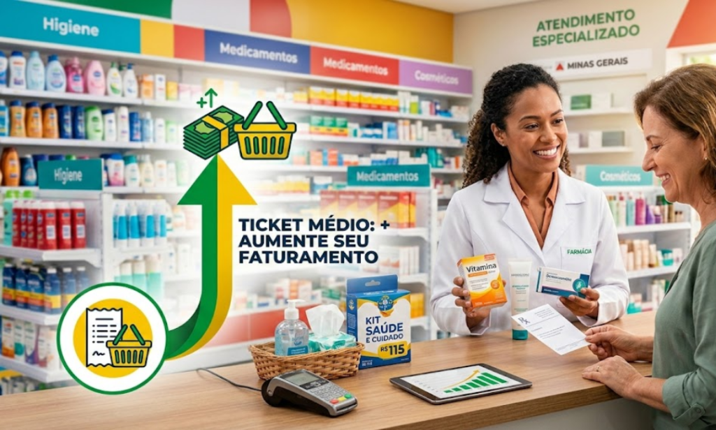 Balconista de farmácia em Minas Gerais oferecendo venda complementar de vitamina para cliente, ilustrando estratégia de aumento de ticket médio.