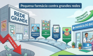 Farmacêutico prestando atendimento consultivo para cliente em farmácia independente, exemplificando estratégia de diferenciação