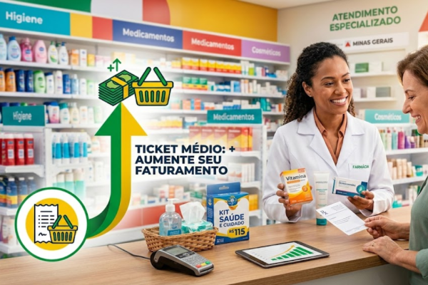 Balconista de farmácia em Minas Gerais oferecendo venda complementar de vitamina para cliente, ilustrando estratégia de aumento de ticket médio.