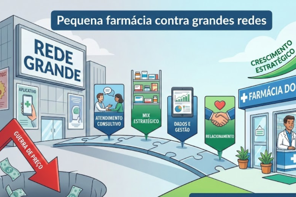 Farmacêutico prestando atendimento consultivo para cliente em farmácia independente, exemplificando estratégia de diferenciação